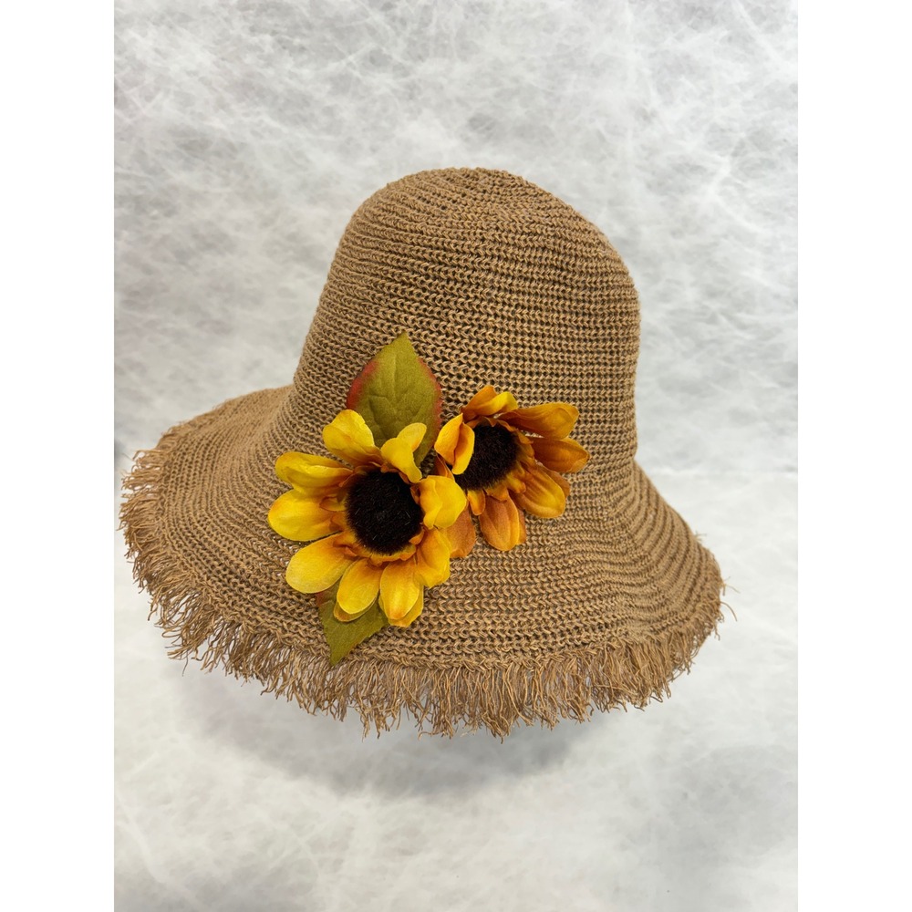 Womens Brown Woven Paper Straw Sun Hat with Frayed‎ Edge and Sunflowers